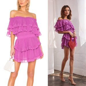 MISA Los Angeles Isella Tiered Ruffled Off Shoulder Smocked Mini Dress Purple M